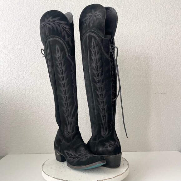 Lane LEXINGTON Over the Knee Womens Cowboy Boots 6 Black Suede Western Cowgirl